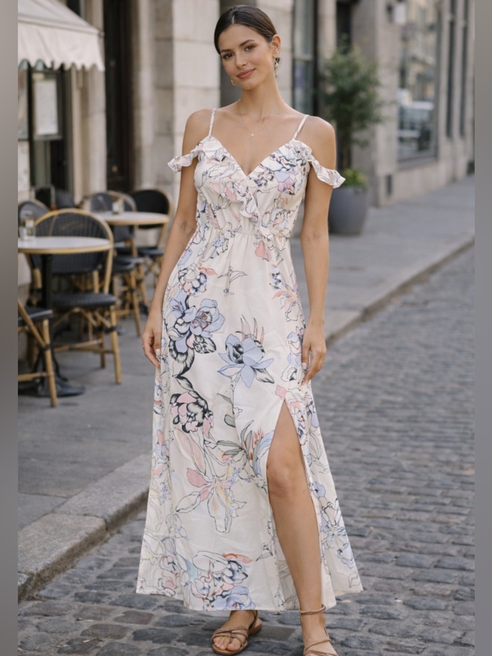 Lindex Floral Midi Dress Size XS Off-Shoulder Ruffle V-Neck Tie Back Summer